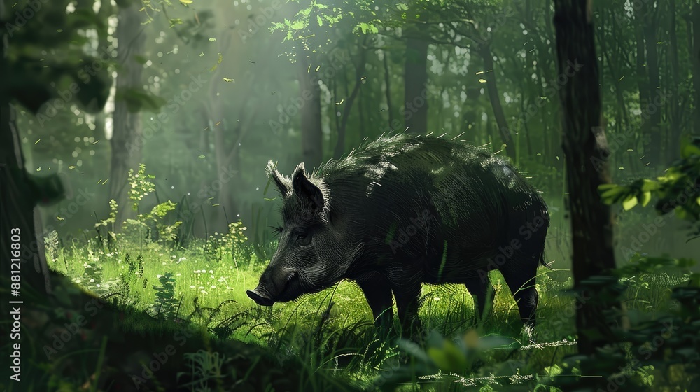 Wild boar roaming meadow hog grazing in forest solitary swine in habitat Wild boar roaming meadow hog grazing in forest solitary swine in habitat