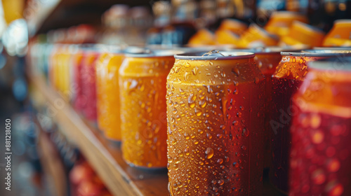 Row of colorful soda cans with condensation on store shelf, highlighting refreshment and beverage variety. photo