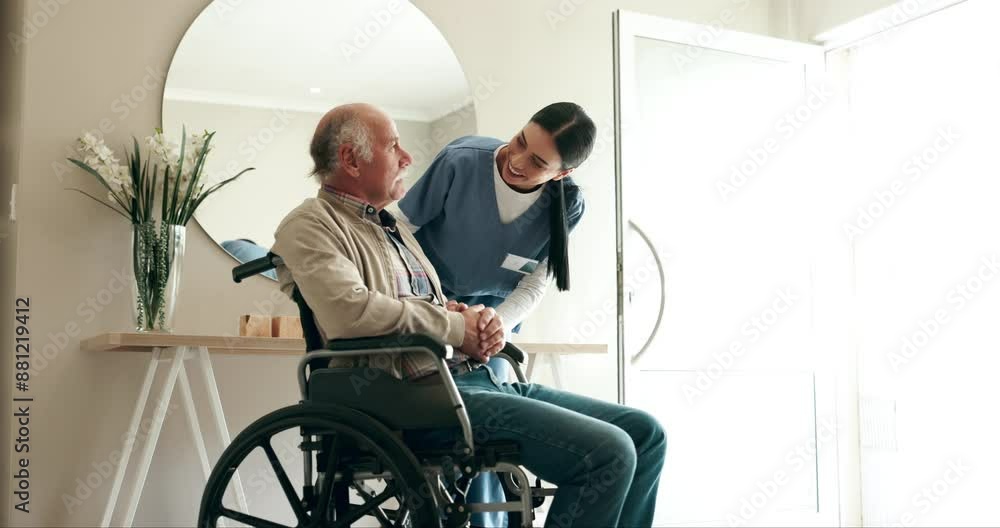 Nurse, senior man and wheelchair with help, elderly care and wellness for health in nursing home. Pensioner, person with a disability and assistance by caregiver in recovery at rehabilitation clinic