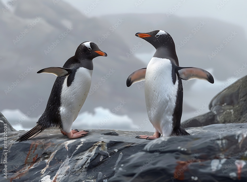 Obraz premium Penguins doing funny poses on rocks in Antarctica