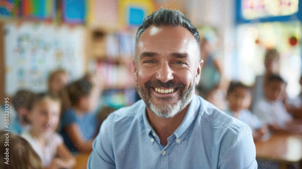 Handsome male teacher smiling and looking into camera at elementary school with children at the blurred background Handsome male teacher smiling and looking into camera at elementary school with children at the blurred background