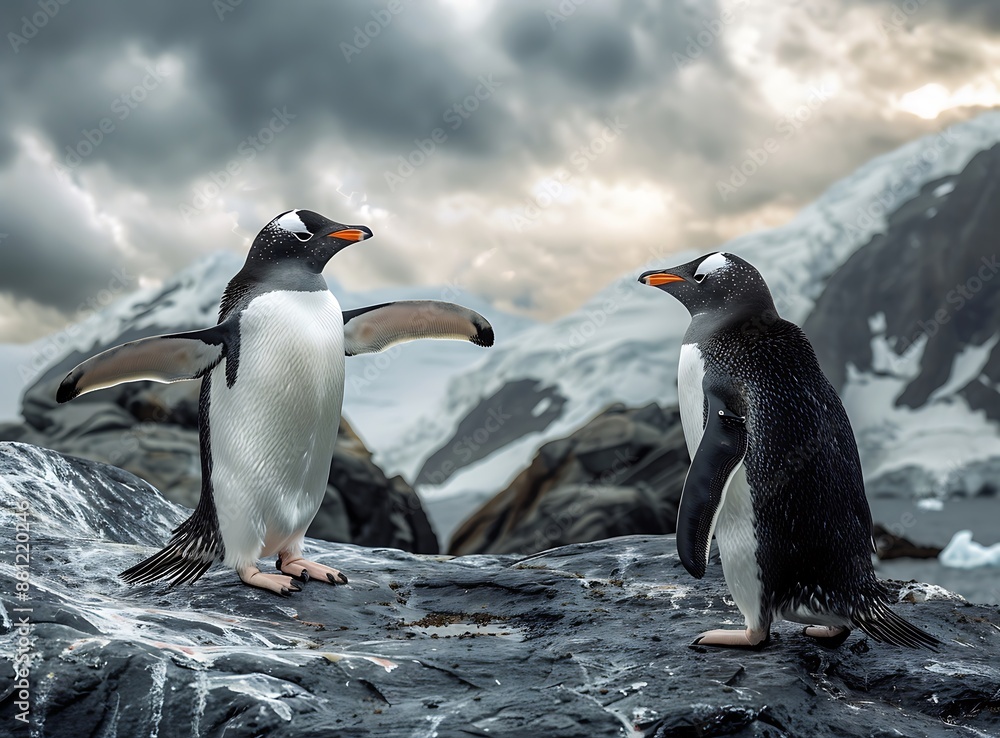 Fototapeta premium Penguins doing funny poses on rocks in Antarctica
