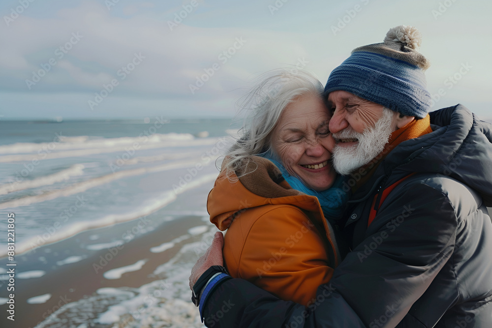 Happy retired couple walking along the ocean coast Happy retired couple walking along the ocean coast