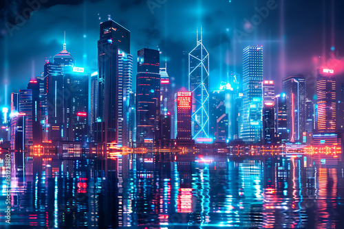 Futuristic Neon Night Cityscape: High-Rise Metropolis Illuminated in Vibrant Neon Lights