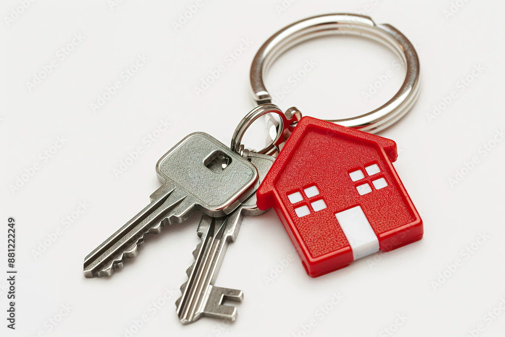 A close up photo of a red house keychain with attached keys on a white background. A close up photo of a red house keychain with attached keys on a white background.