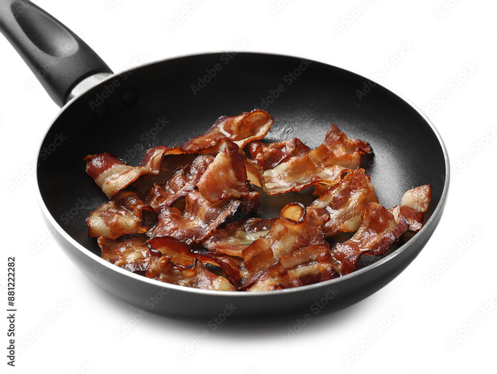 Delicious bacon slices in frying pan isolated on white Delicious bacon slices in frying pan isolated on white