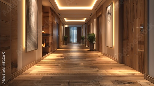 Elegant Wooden Hallway with Warm Lighting © Kharismafajar