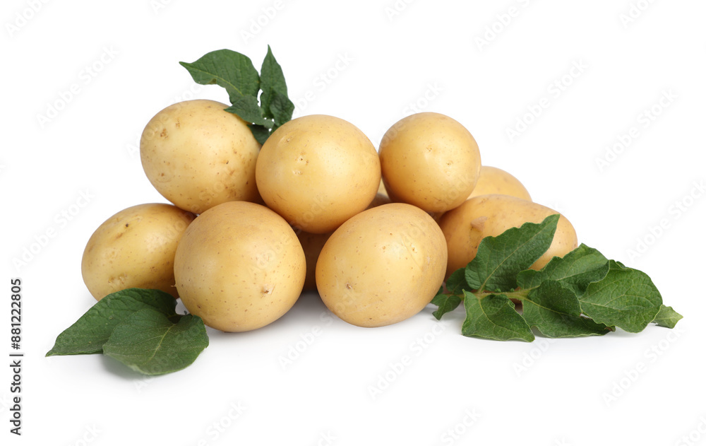 Fresh raw potatoes and green leaves isolated on white Fresh raw potatoes and green leaves isolated on white