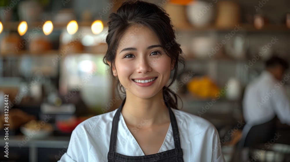 Her white chef's coat and black apron are featured on the beautiful Asian woman standing in a kitchen. Her white chef's coat and black apron are featured on the beautiful Asian woman standing in a kitchen.