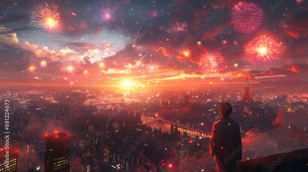It's a breathtaking fireworks display over a bustling cityscape, illuminating iconic buildings and the night sky and capturing the essence of the festivities. It's a breathtaking fireworks display over a bustling cityscape, illuminating iconic buildings and the night sky and capturing the essence of the festivities.