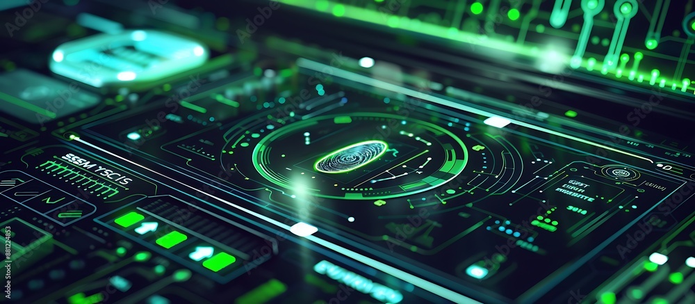Network firewall interface with fingerprint scanner and safe icon, intense green highlights, Network firewall interface with fingerprint scanner and safe icon, intense green highlights,