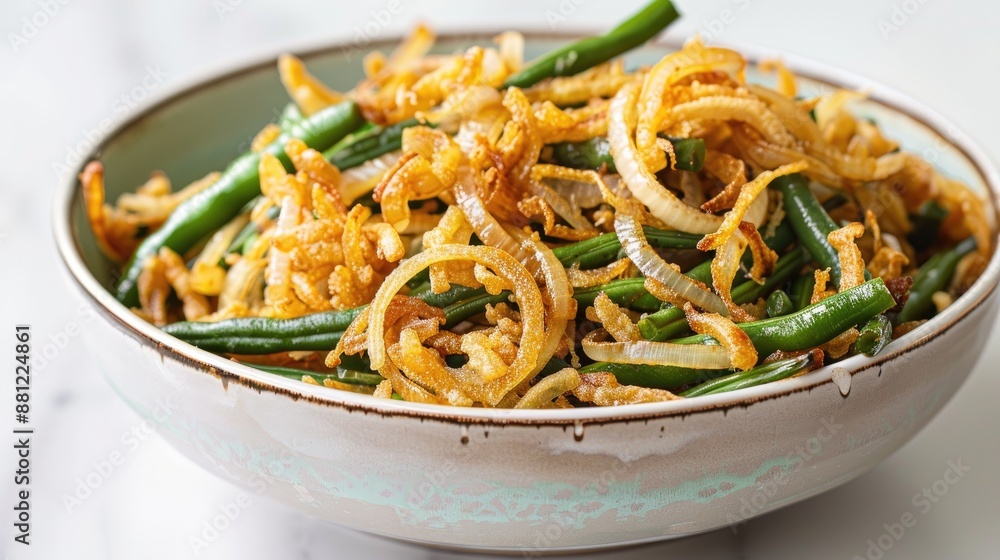 Fried Onions for Green Bean Casserole or Salad on White Background Fried Onions for Green Bean Casserole or Salad on White Background