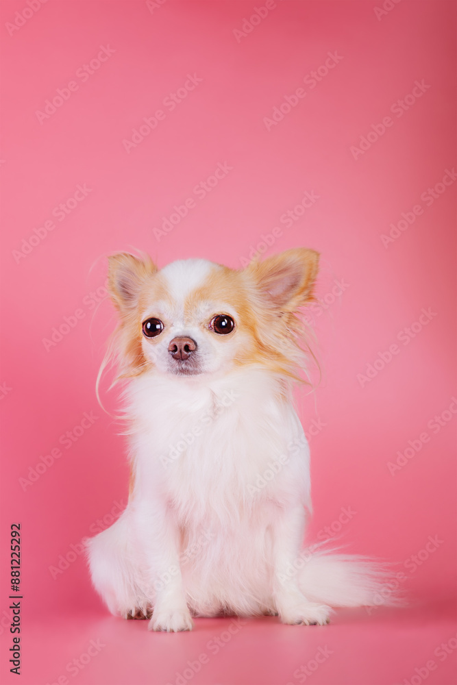 Chihuahua on a pink background studio photo. White and red purebred chihuahua dog. Chihuahua on a pink background studio photo. White and red purebred chihuahua dog.