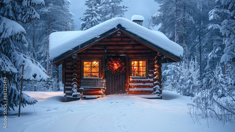 Fototapeta premium Snow-covered wooden cabin with warm glowing lights in winter forest