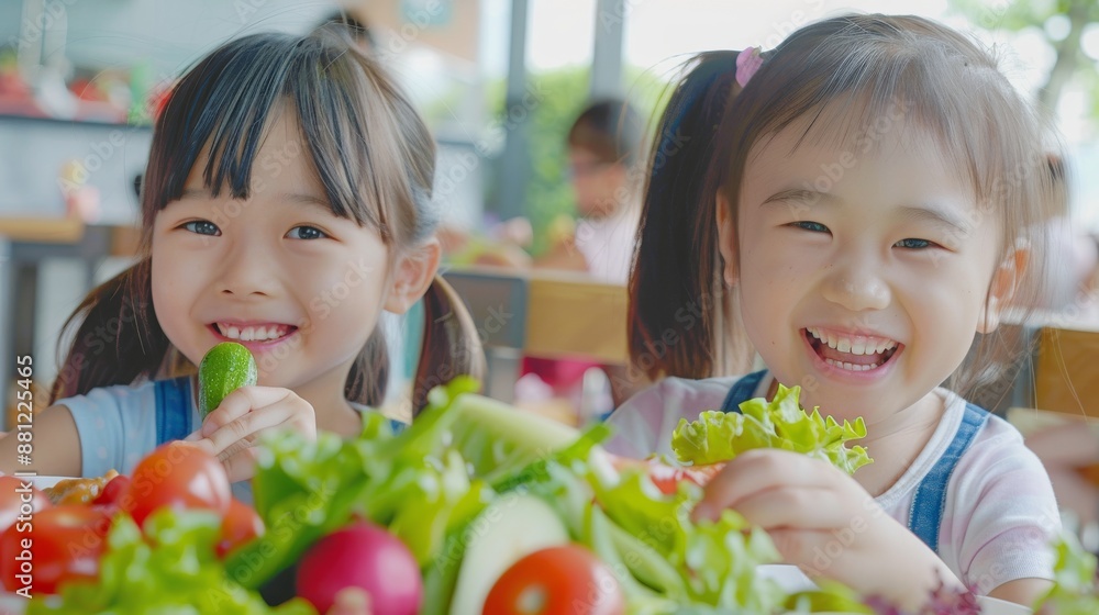 During a meal together, two Asian elementary school students enjoy each other's company During a meal together, two Asian elementary school students enjoy each other's company
