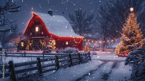 Snowy barn decorated with festive lights during Christmas