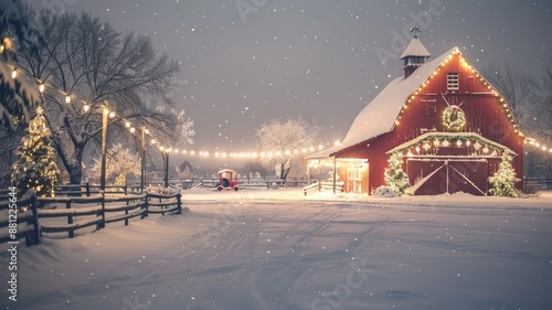 Snow-covered barn with string lights, festive wreath, and snowfall at dusk