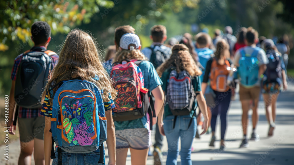 A group of students with backpacks walking together outdoors on a sunny day, likely heading to school. A group of students with backpacks walking together outdoors on a sunny day, likely heading to school.