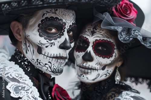 A couple dressed as Catrina in Mexico to honor the dead with red roses and white face paint photo