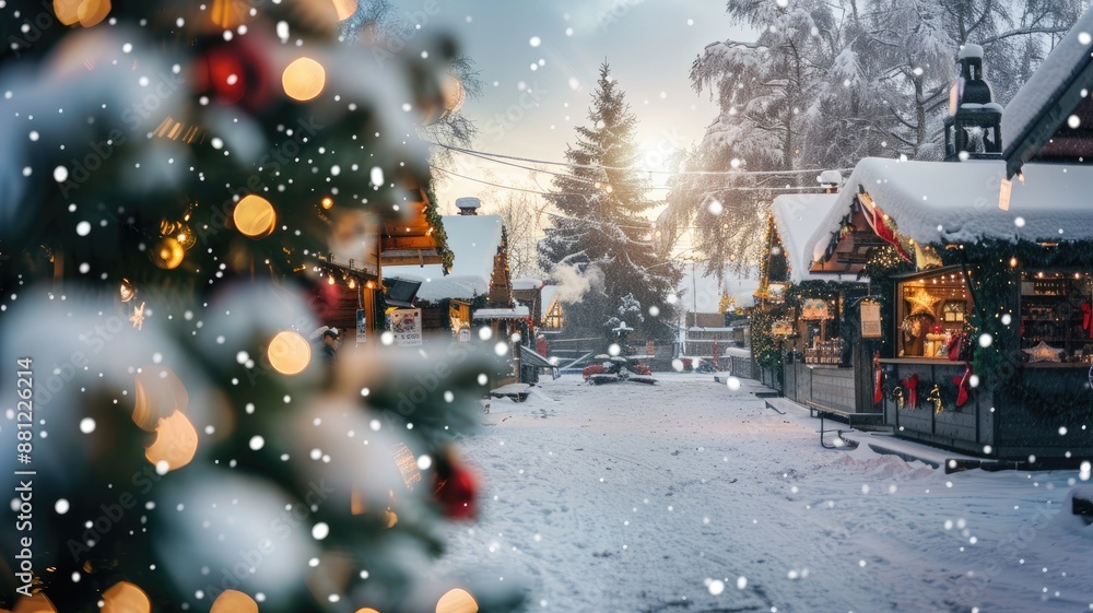 Fototapeta premium Festive winter market scene with decorated stalls and snowfall