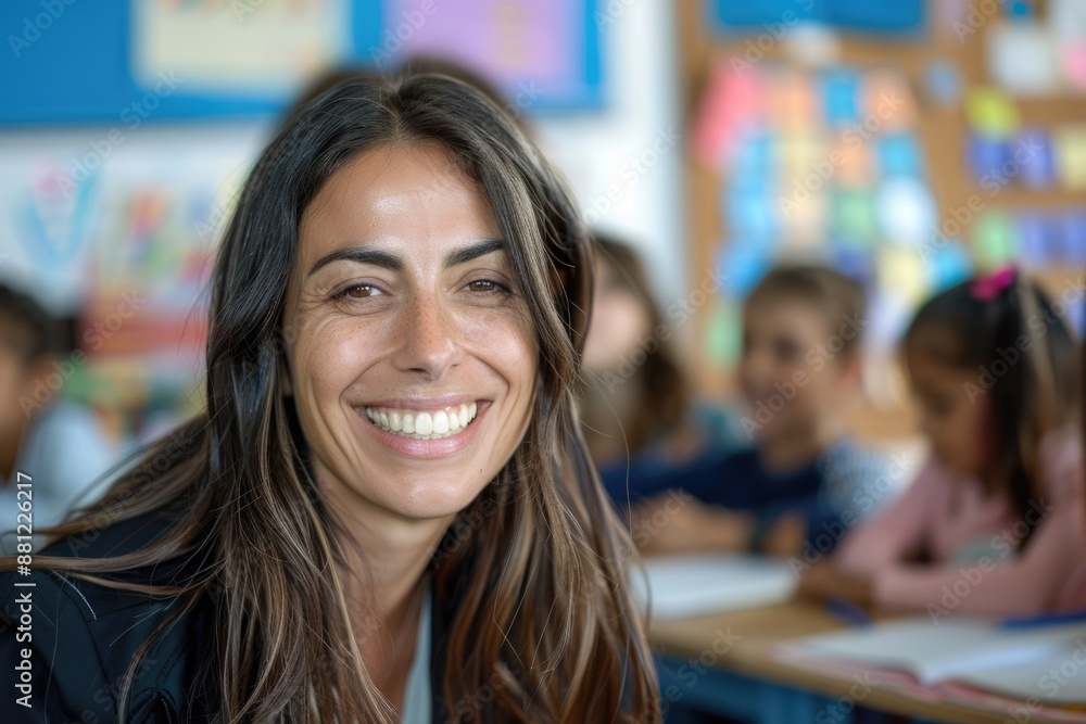 Pretty female teacher smiling and looking into camera at elementary school with children at the blurred background Pretty female teacher smiling and looking into camera at elementary school with children at the blurred background