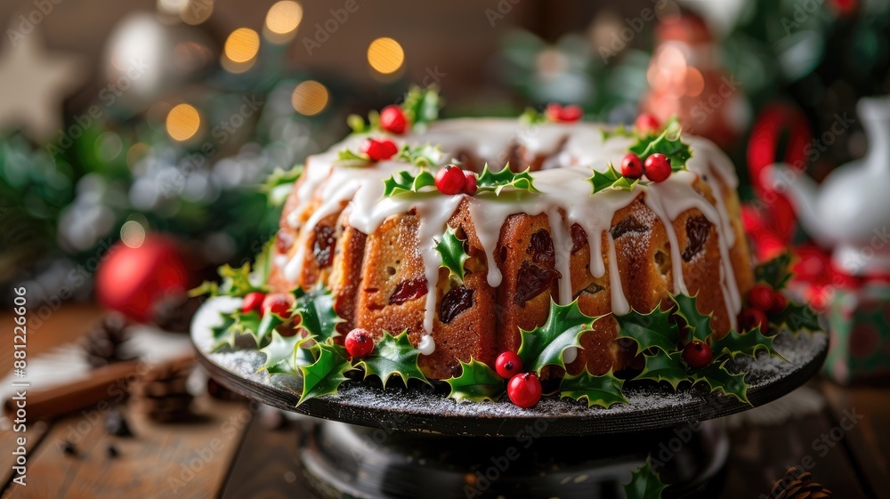 Fototapeta premium Festive fruitcake with icing, holly leaves, and red berries showcased on table holiday decor
