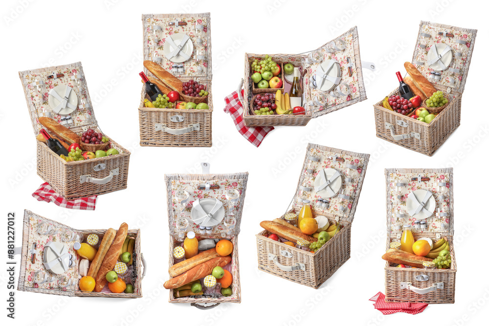 Obraz premium Wicker rattan baskets with picnic foods isolated on white, set