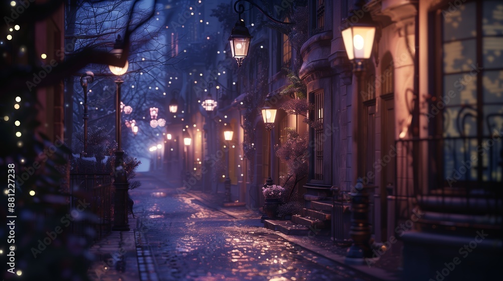 Fototapeta premium A romantic city street lit by lampposts at night