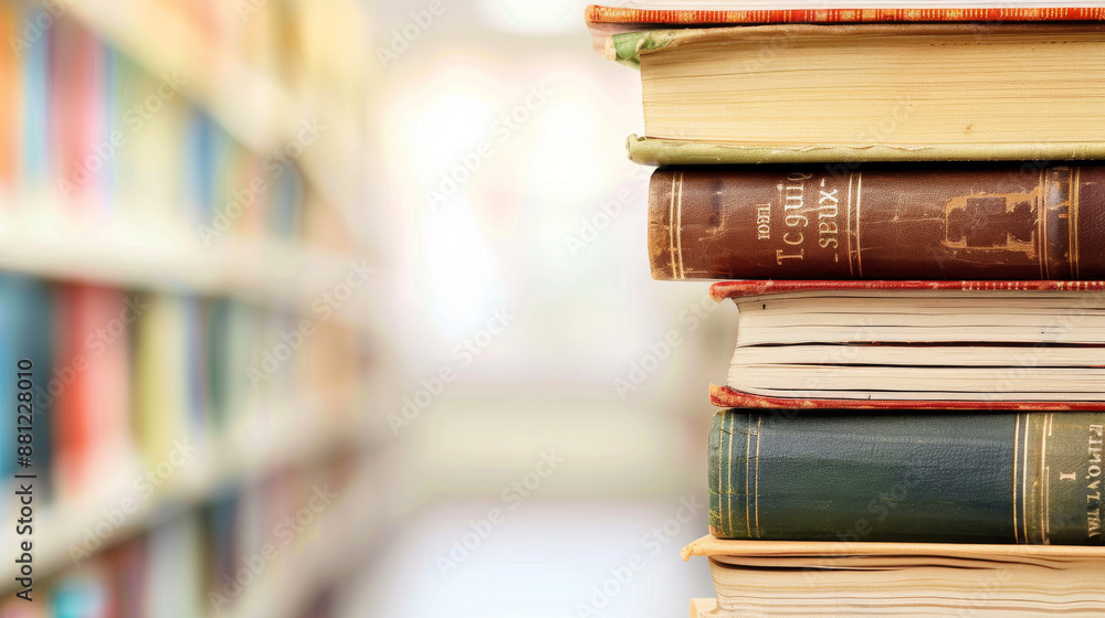 Books for different tastes and interests, like romance, crime, and history, are stacked on a blurred white background. Books for different tastes and interests, like romance, crime, and history, are stacked on a blurred white background.