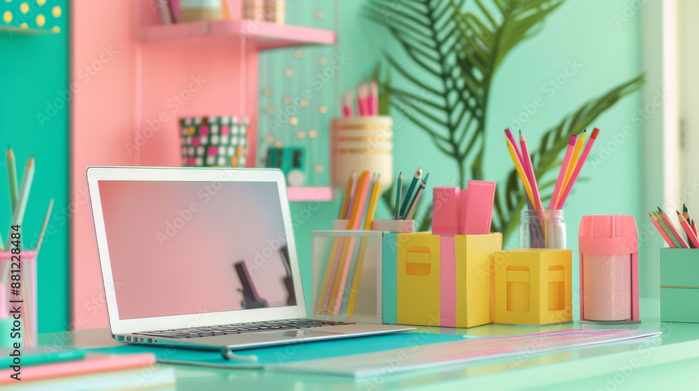 Fototapeta premium Bright and colorful home office space with pencils, boxes of supplies, and a laptop on a desk. The background is pastel green and pink, giving the room a feminine feel.
