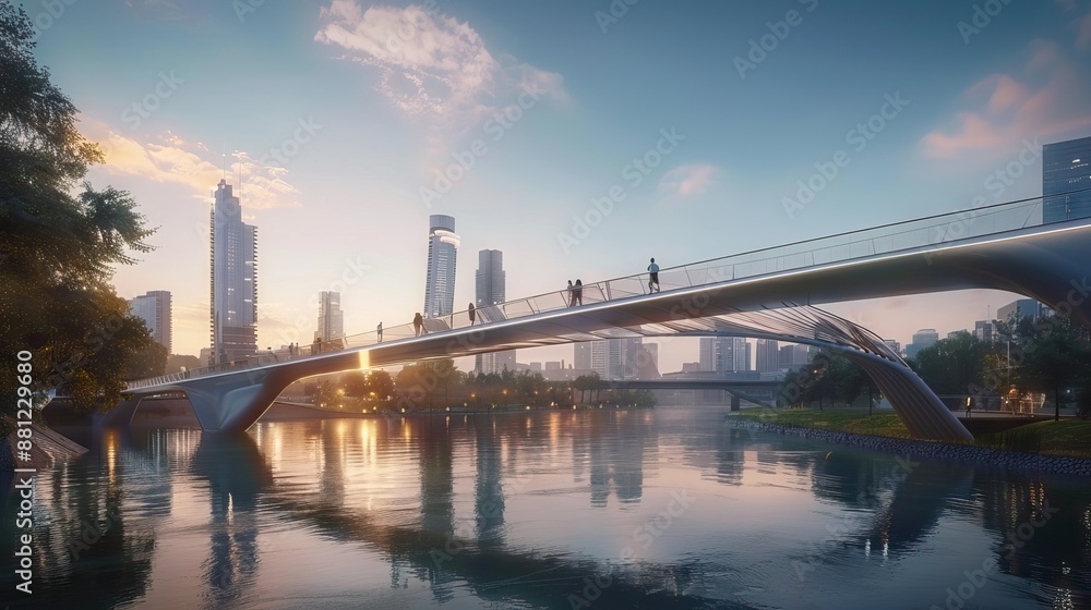 Fototapeta premium Panoramic view of futuristic geometric shapes design empty floor with city skyline . Sunset scene. AI generated illustration