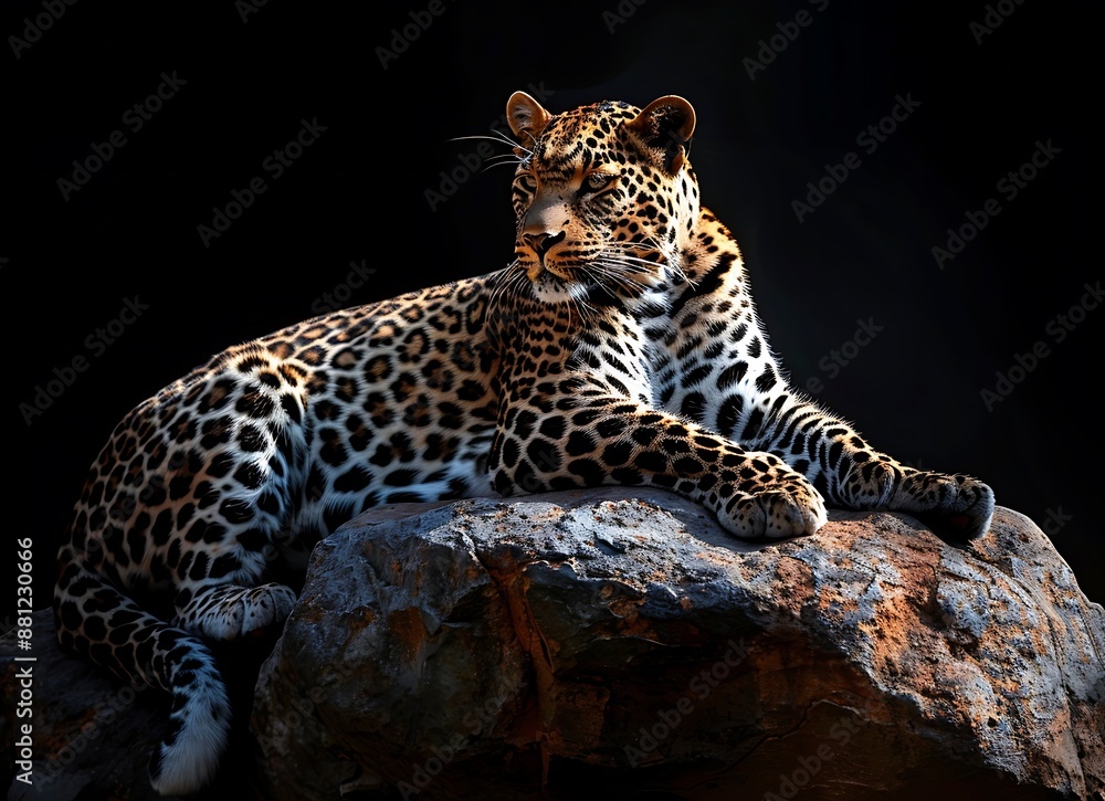 Fototapeta premium The leopard with beautiful eyes resting on the rock with an isolated black background, in the style of high resolution photography