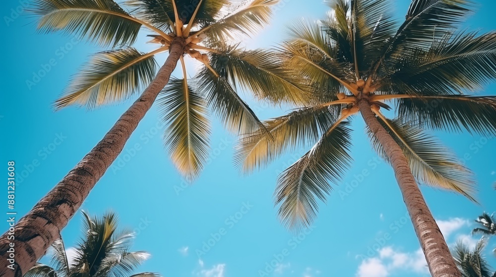 Fototapeta premium Tropical beach view palm trees, blue sky, summer vibes perfect for travel concept