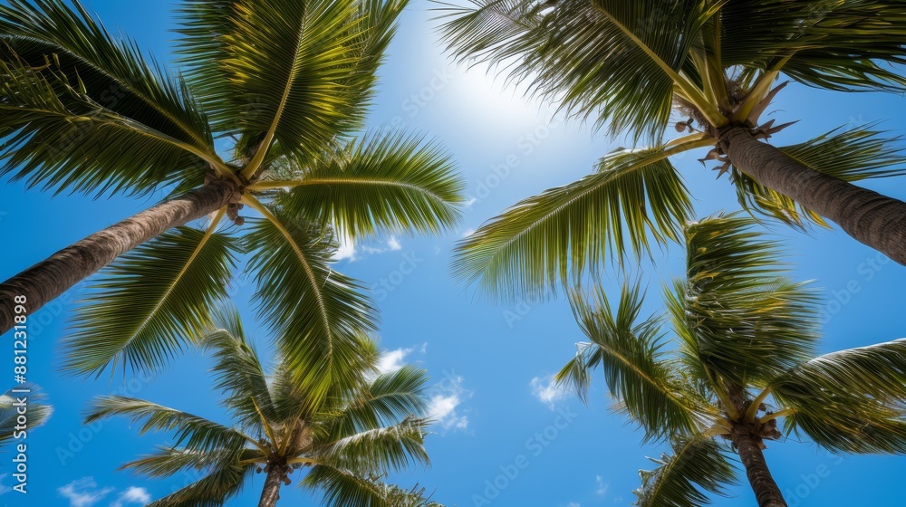 Tropical beach paradise palm trees and blue sky overhead, ideal summer destination for travelers Tropical beach paradise palm trees and blue sky overhead, ideal summer destination for travelers