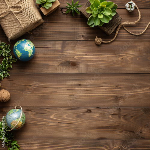 Earth Day Celebration Wooden Table Top Down Shot background with plants and paper decorations. photo