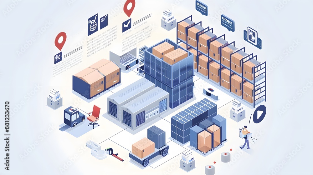 an isometric illustration of a smart warehouse management system with ...