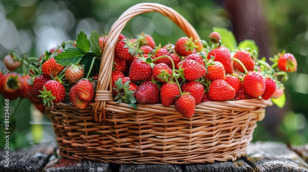 Freshly picked strawberries in basket Freshly picked strawberries in basket