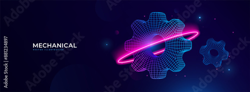 3D vector gear and cogwheel illustration, blue wireframe mesh design. Technical security, online support, and industrial innovation. Engineering, digital technology cybersecurity vector illustration.