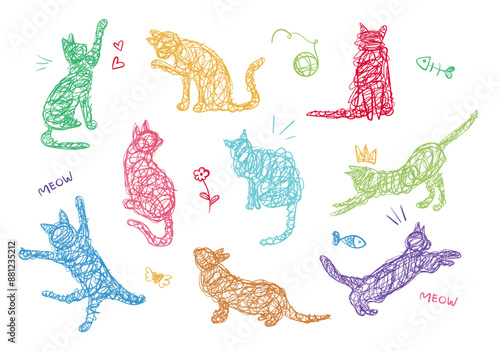 Cute and funny doodle cat characters set. Simple characters design collection with colorful cats in different poses.