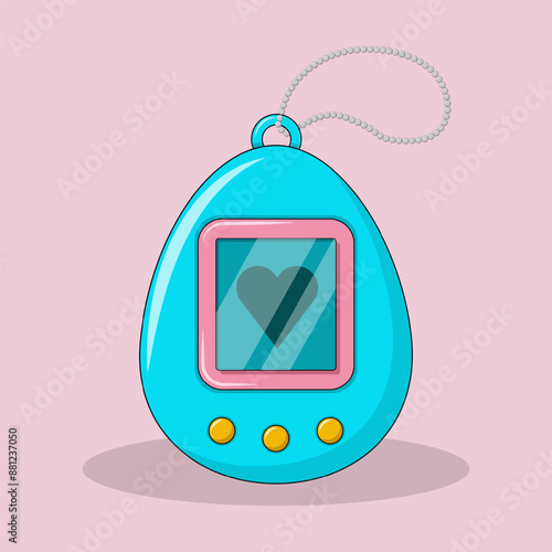y2k elements, blue Tamagotchi. Popular toy of the 90s. Keychain. Vector illustration in trendy cartoon style. Bright colors, black outline
