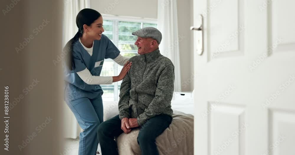 Nurse, elderly man and senior care as caregiver in nursing home for health, wellness and empathy in retirement. Woman, support and patient with Alzheimers, age related illness or anxiety with comfort Nurse, elderly man and senior care as caregiver in nursing home for health, wellness and empathy in retirement. Woman, support and patient with Alzheimers, age related illness or anxiety with comfort