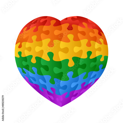 Heart puzzle assembled from pieces with the colors of the gay pride flag LGBT. Vector isolated on white background.