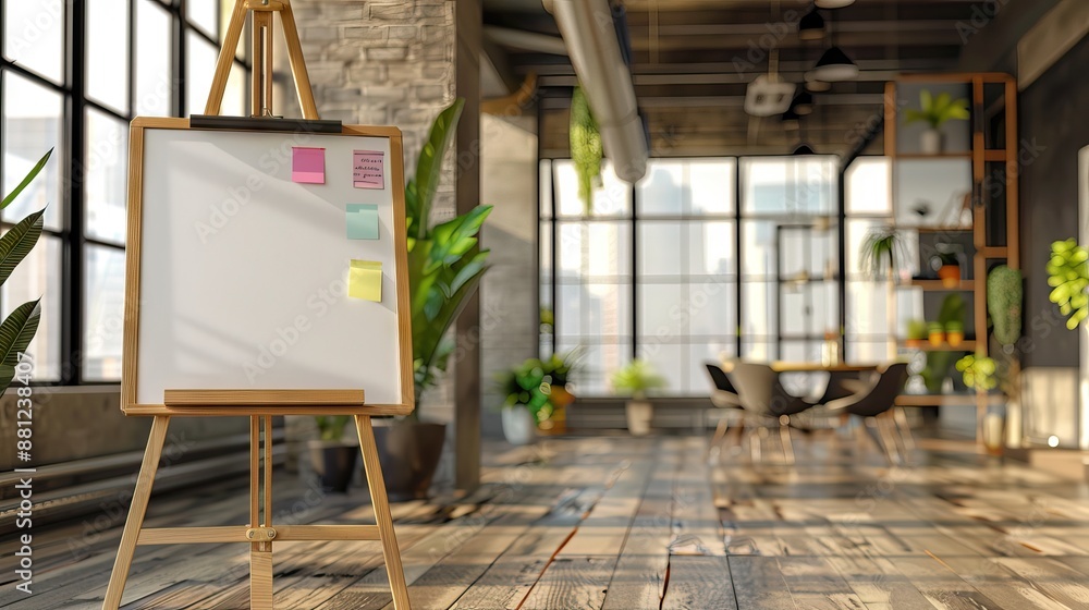 Flip chart by sticky notepapers on wall in office. AI generated illustration Flip chart by sticky notepapers on wall in office. AI generated illustration