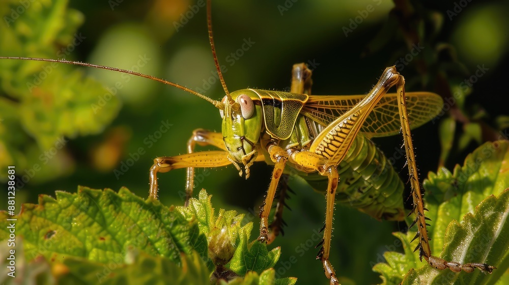 Bush cricket Pholidoptera griseoaptera perched on vegetation Bush cricket Pholidoptera griseoaptera perched on vegetation