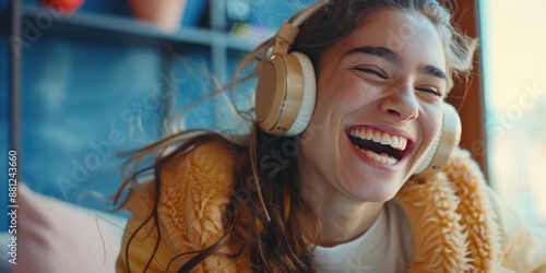 A young woman wearing headphones laughs and enjoys her music photo