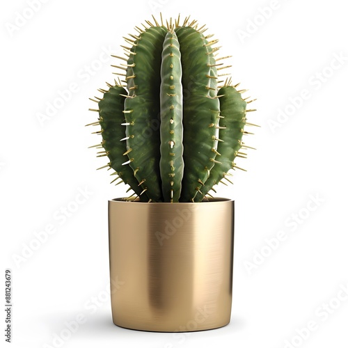 cactus houseplant mockup png in a brass plant pot isolated on white background, png photo