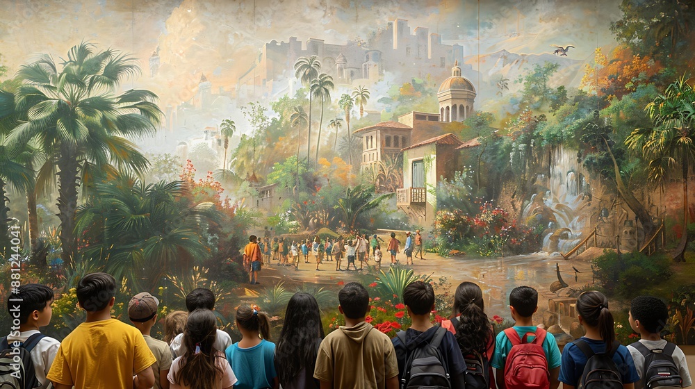 Fototapeta premium Multiracial school students learning about traditional architecture depicted a mural