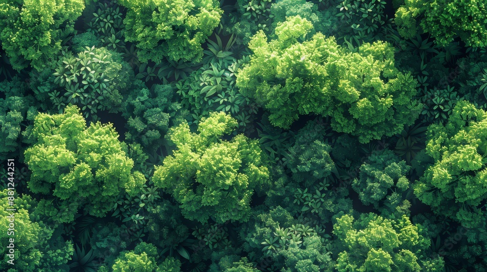 Intense green canopy of trees adorning a lush forest scene Intense green canopy of trees adorning a lush forest scene
