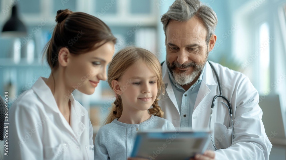 Fototapeta premium A smiling female doctor in a white coat consults with a patient in a bright hospital room