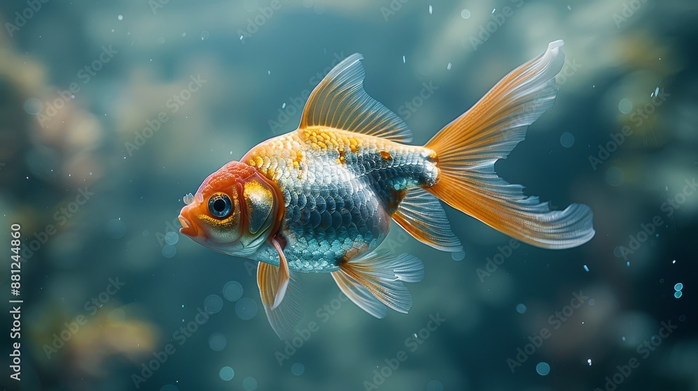 Against a solid aqua background, a colorful goldfish swims Against a solid aqua background, a colorful goldfish swims